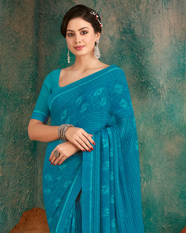 Vishal Prints Peacock Blue Printed Chiffon Saree With Fancy Border