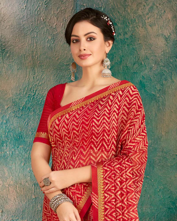 Vishal Prints Cherry Red Printed Chiffon Saree With Fancy Border