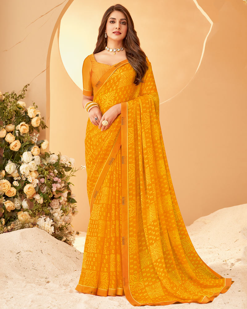 Vishal Prints Yellowish Orange Printed Chiffon Saree With Fancy Border