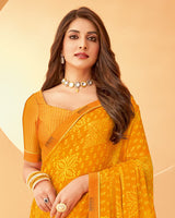 Vishal Prints Yellowish Orange Printed Chiffon Saree With Fancy Border