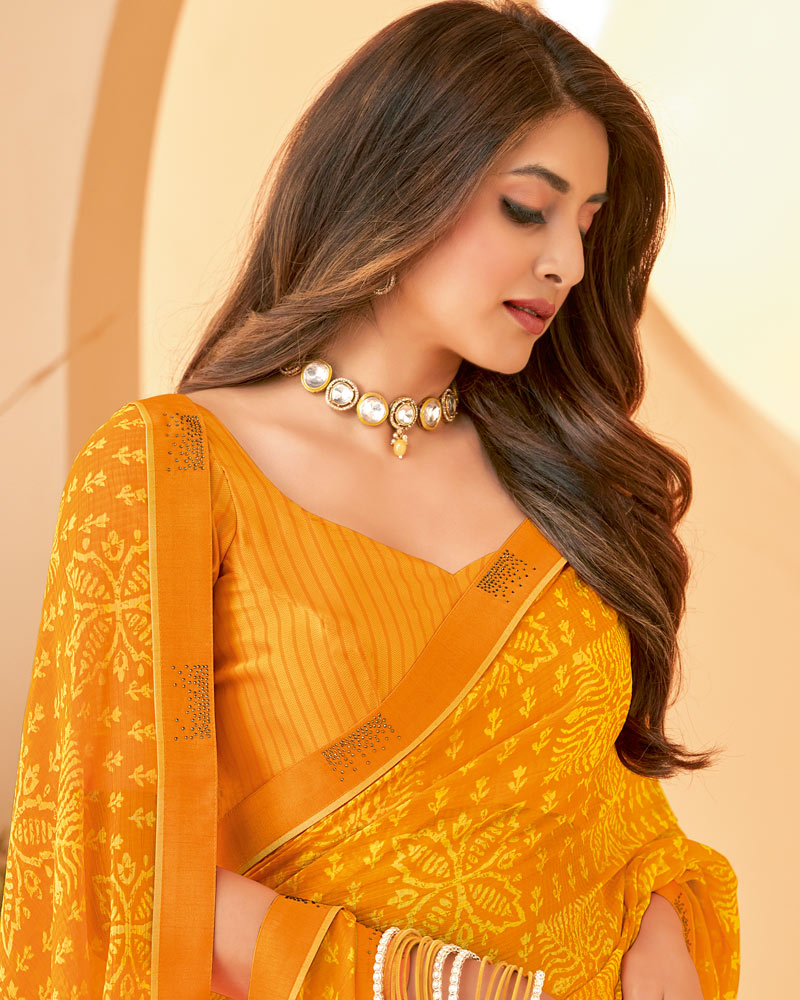 Vishal Prints Yellowish Orange Printed Chiffon Saree With Fancy Border