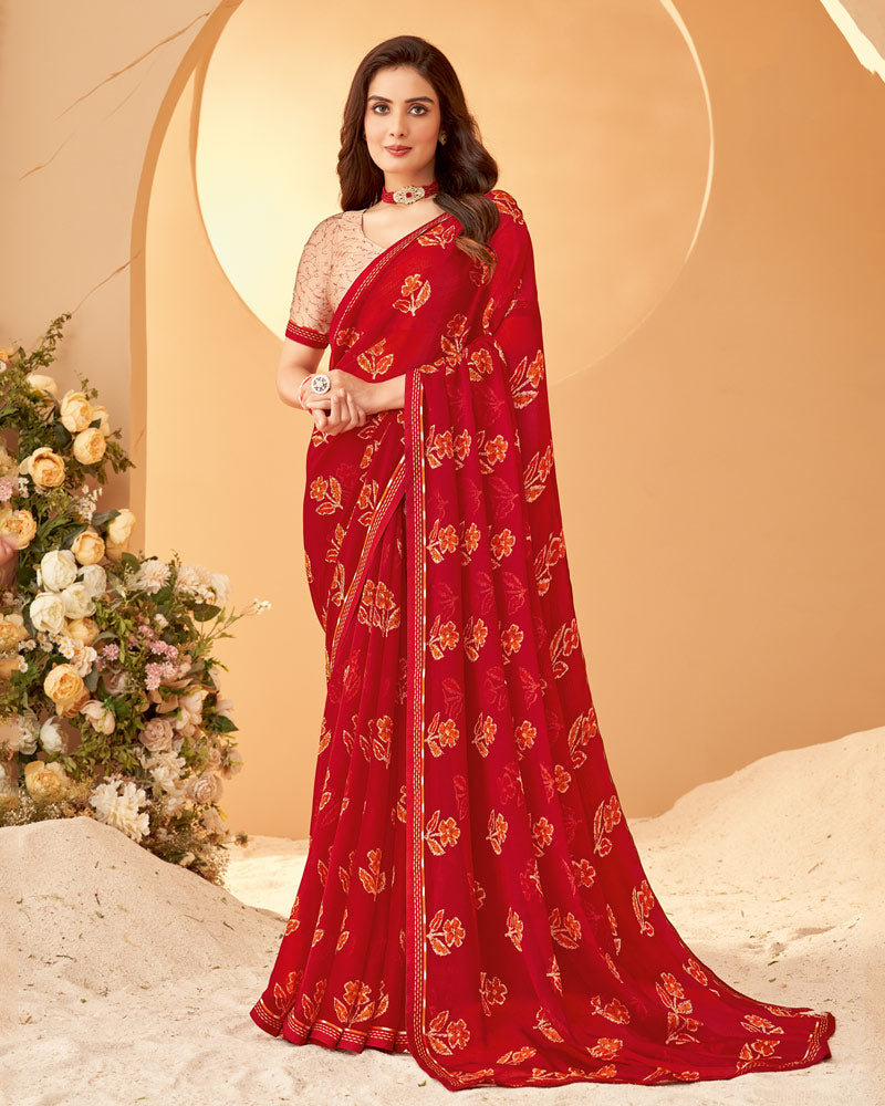 Vishal Prints Dark Red Printed Chiffon Saree With Fancy Border