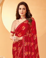 Vishal Prints Dark Red Printed Chiffon Saree With Fancy Border