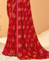 Vishal Prints Dark Red Printed Chiffon Saree With Fancy Border