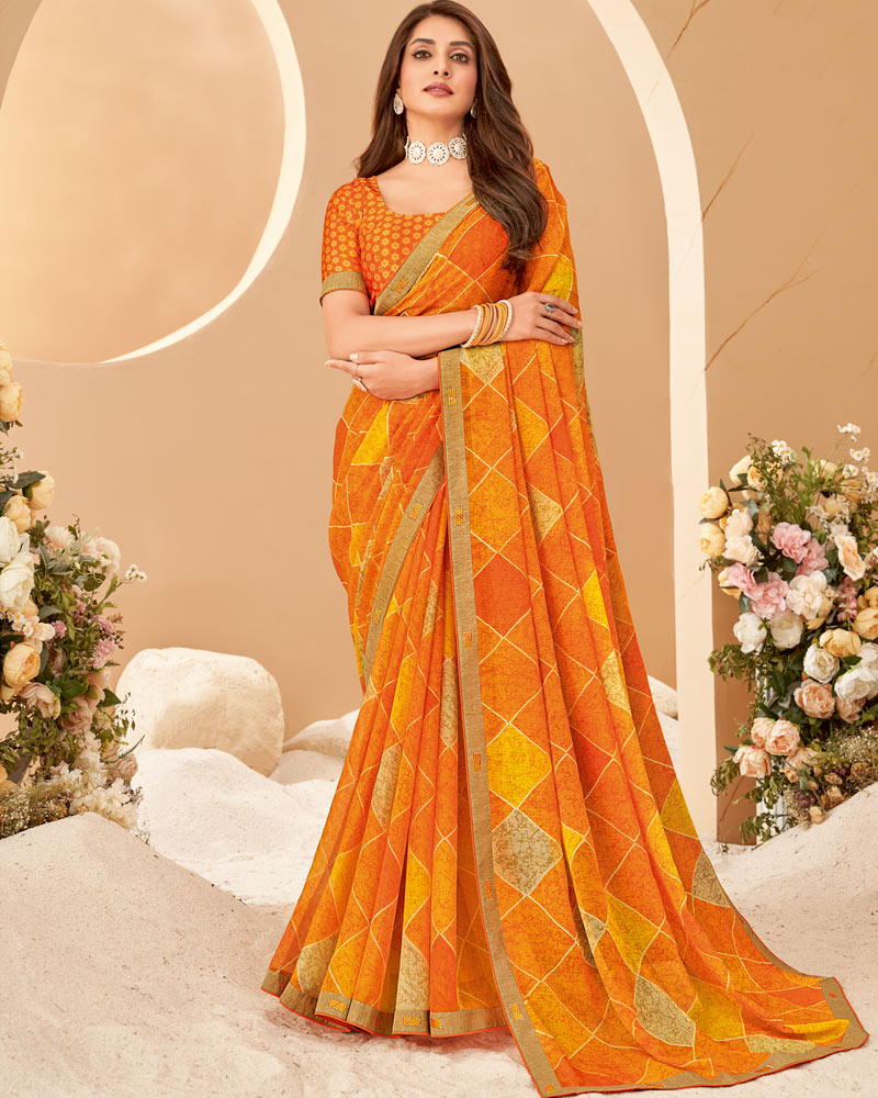 Vishal Prints Orange Printed Chiffon Saree With Fancy Border