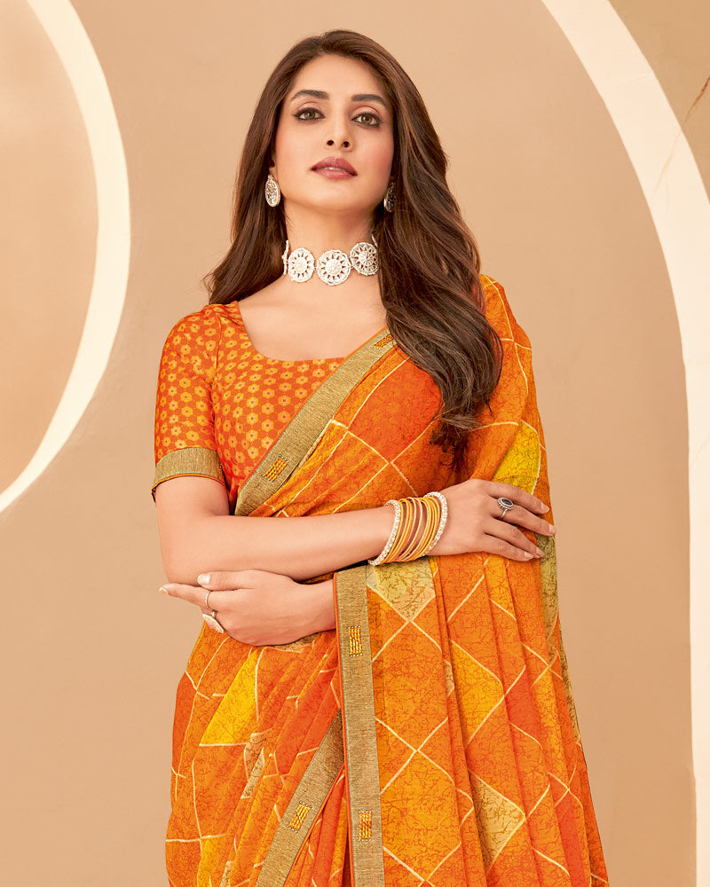 Vishal Prints Orange Printed Chiffon Saree With Fancy Border