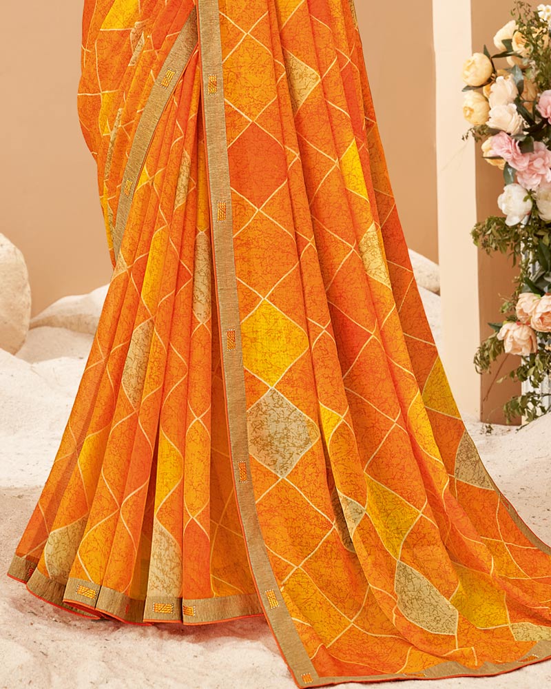 Vishal Prints Orange Printed Chiffon Saree With Fancy Border