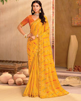 Vishal Prints Golden Yellow Printed Brasso Saree With Foil Print And Fancy Border