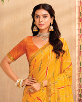 Vishal Prints Golden Yellow Printed Brasso Saree With Foil Print And Fancy Border