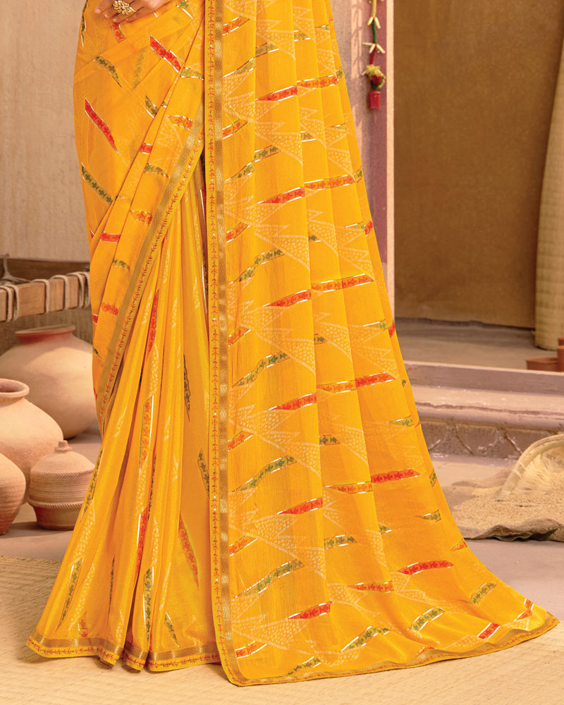 Vishal Prints Golden Yellow Printed Brasso Saree With Foil Print And Fancy Border