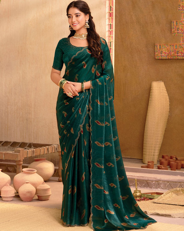 Vishal Prints Bottle Green Printed Fancy Satin Saree With Swarovski Work And Cut Work Border