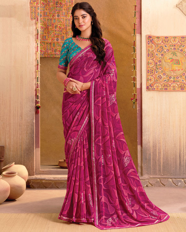 Vishal Prints Dark Fuchsia Printed Georgette Saree With Foil Print And Fancy Border