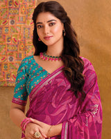 Vishal Prints Dark Fuchsia Printed Georgette Saree With Foil Print And Fancy Border