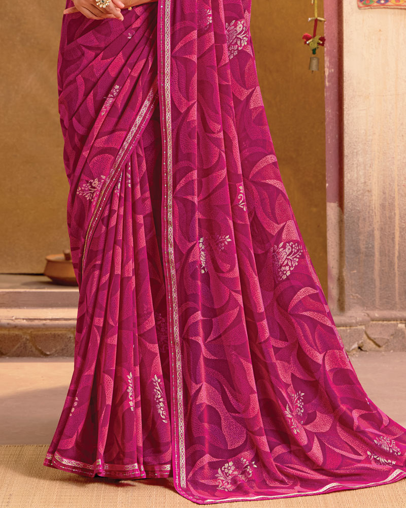 Vishal Prints Dark Fuchsia Printed Georgette Saree With Foil Print And Fancy Border