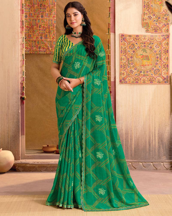 Vishal Prints Dark Sea Green Printed Patterned Chiffon Saree With Foil Print And Cut Work Border