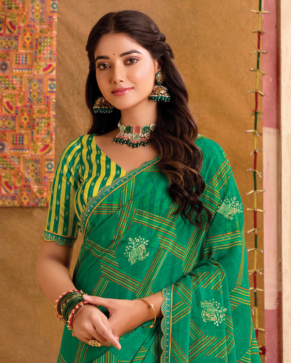 Vishal Prints Dark Sea Green Printed Patterned Chiffon Saree With Foil Print And Cut Work Border