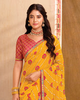 Vishal Prints Dark Yellow Printed Georgette Saree With Foil Print And Fancy Border