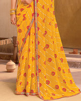 Vishal Prints Dark Yellow Printed Georgette Saree With Foil Print And Fancy Border