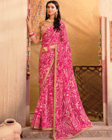 Vishal Prints Hot Pink Printed Chiffon Saree With Embroidery Work Border