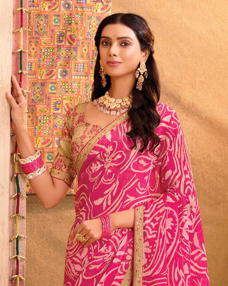 Vishal Prints Hot Pink Printed Chiffon Saree With Embroidery Work Border