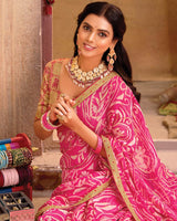 Vishal Prints Hot Pink Printed Chiffon Saree With Embroidery Work Border