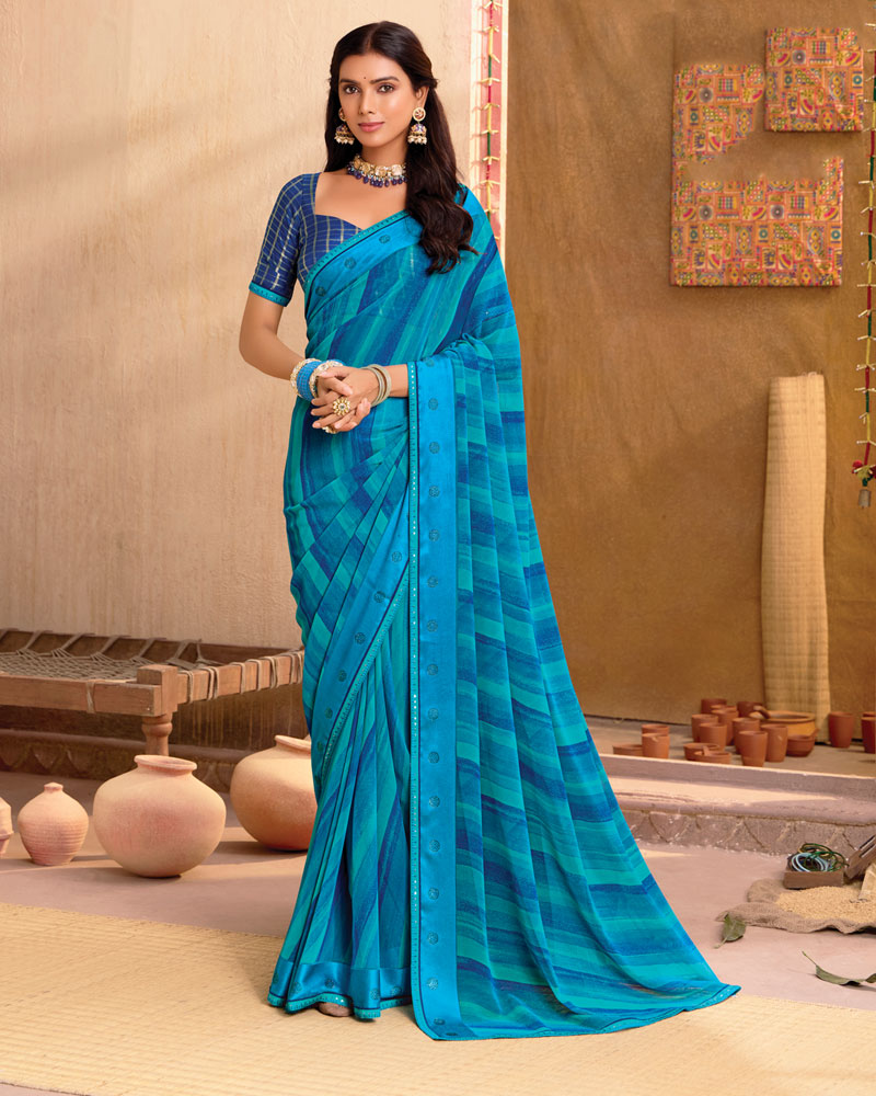 Vishal Prints Blue Printed Georgette Saree With Diamond Work, Weaved Satin Patta And Piping