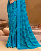 Vishal Prints Blue Printed Georgette Saree With Diamond Work, Weaved Satin Patta And Piping