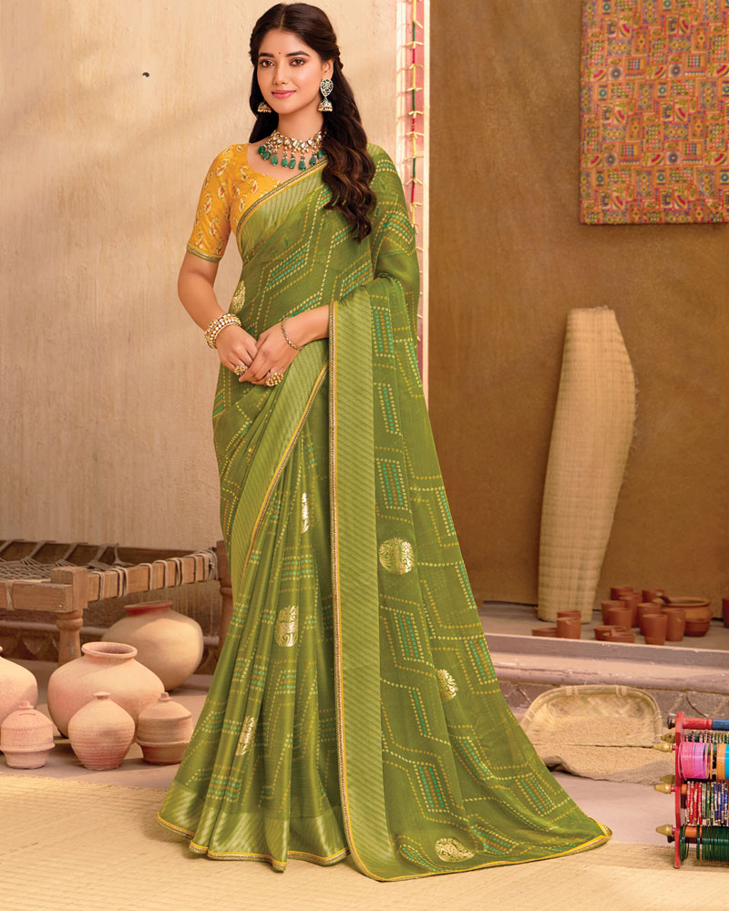 Vishal Prints Dark Olive Green Printed Chiffon Saree With Foil Print And Fancy Zari Piping