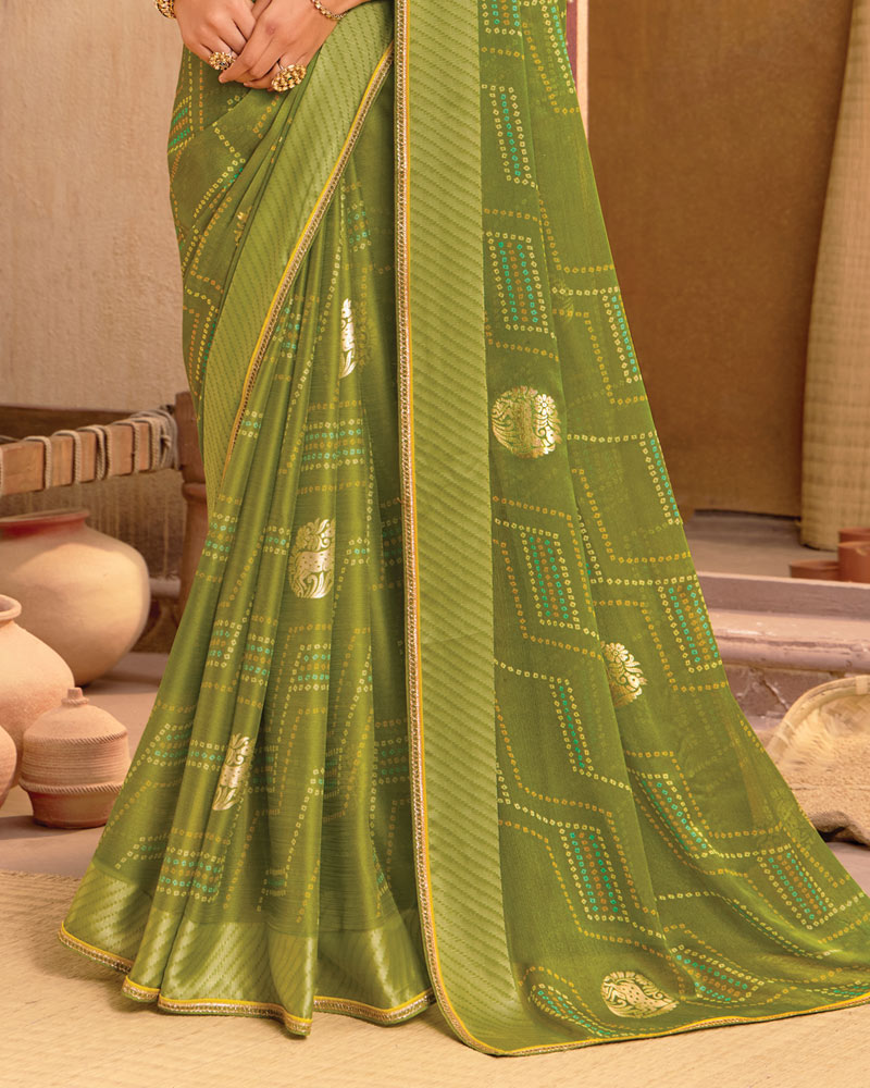 Vishal Prints Dark Olive Green Printed Chiffon Saree With Foil Print And Fancy Zari Piping