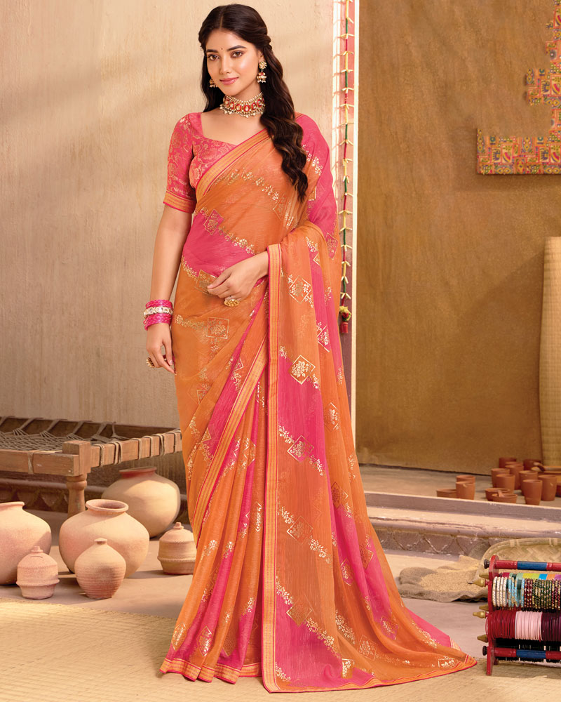 Vishal Prints Sandy Orange Printed Chiffon Saree With Foil Print And Zari Border