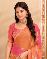 Vishal Prints Sandy Orange Printed Chiffon Saree With Foil Print And Zari Border