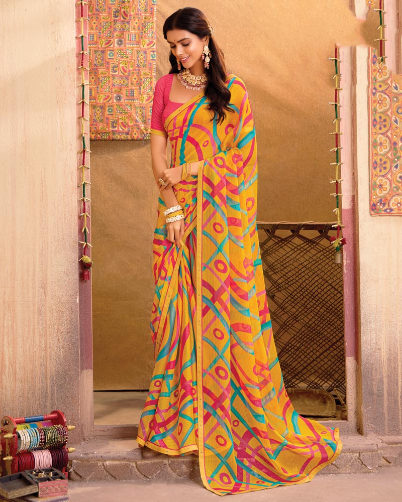 Vishal Prints Mustard Printed Patterned Chiffon Saree With Fancy Border