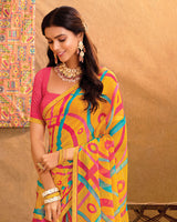 Vishal Prints Mustard Printed Patterned Chiffon Saree With Fancy Border