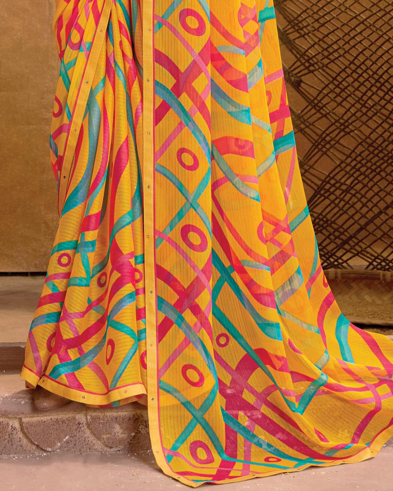 Vishal Prints Mustard Printed Patterned Chiffon Saree With Fancy Border