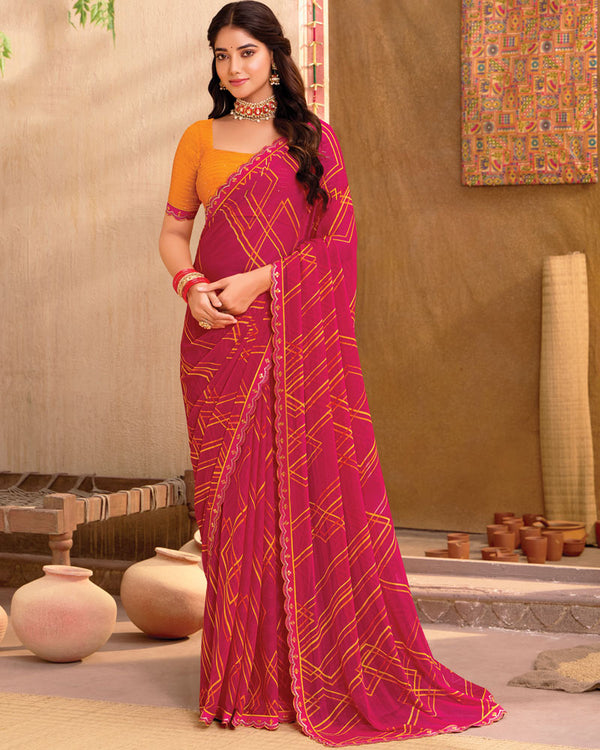 Vishal Prints Shiraz Pink Printed Chiffon Saree With Cut Work Embroidery Fancy Border