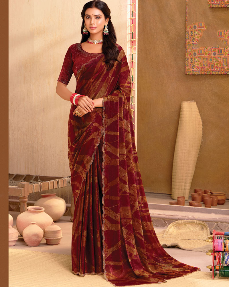 Vishal Prints Burgundy Printed Fancy Satin Saree With Diamond Cut Work Border