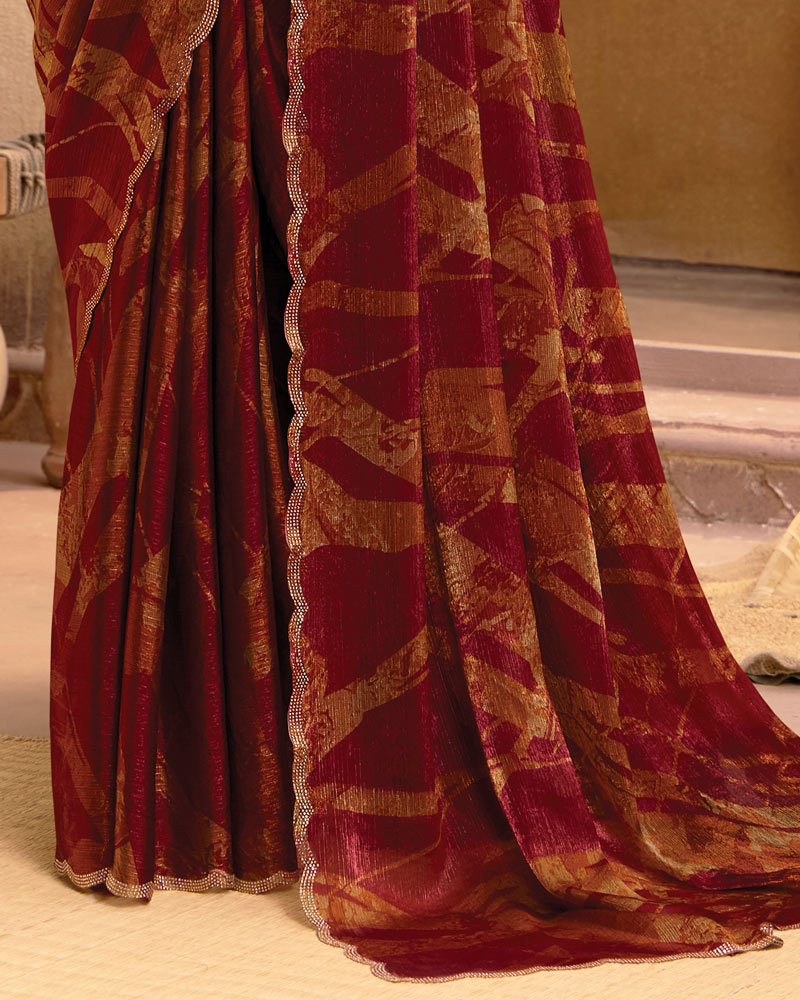 Vishal Prints Burgundy Printed Fancy Satin Saree With Diamond Cut Work Border