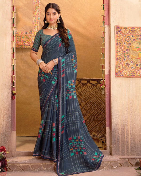 Vishal Prints Clay Grey Printed Chiffon Saree With Fancy Border