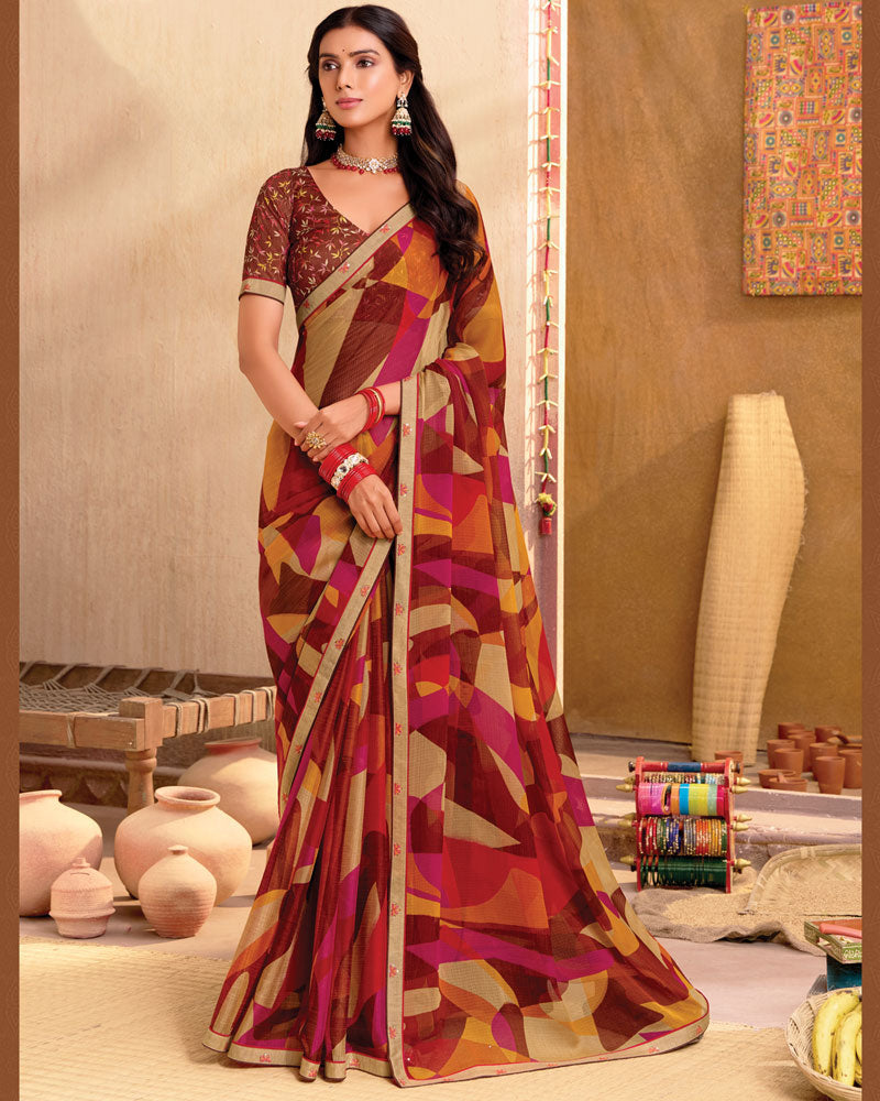 Vishal Prints Multi Color Printed Chiffon Saree With Fancy Border