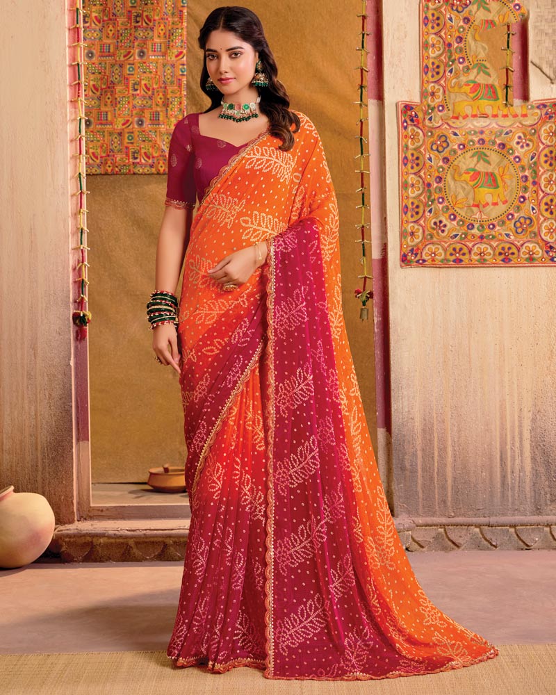 Vishal Prints Orange Printed Chiffon Bandhani Print Saree With Cut Work Embroidery Border