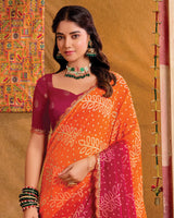 Vishal Prints Orange Printed Chiffon Bandhani Print Saree With Cut Work Embroidery Border