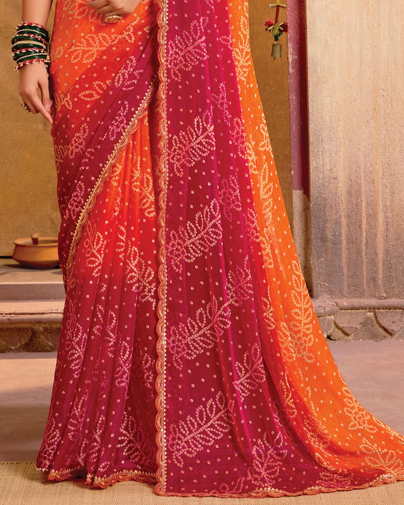 Vishal Prints Orange Printed Chiffon Bandhani Print Saree With Cut Work Embroidery Border