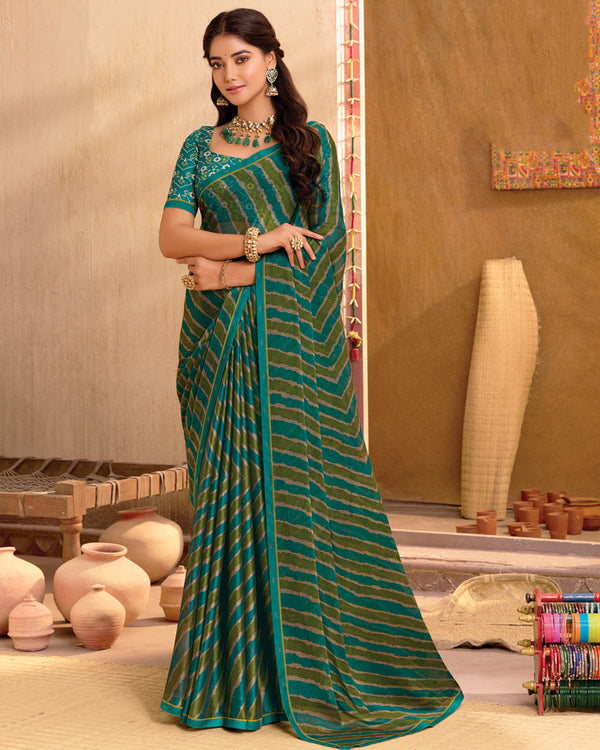 Vishal Prints Rama Green Printed Chiffon Saree With Fancy Border