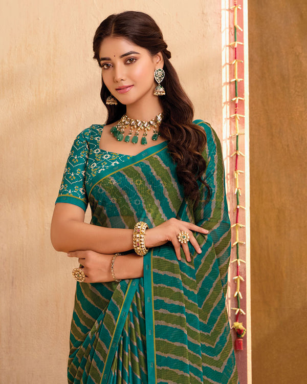 Vishal Prints Rama Green Printed Chiffon Saree With Fancy Border