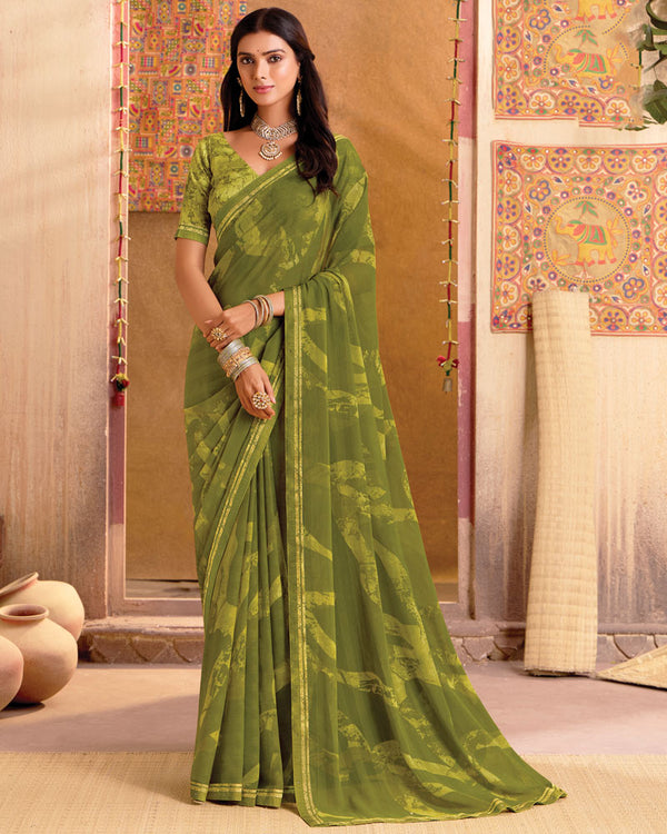 Vishal Prints Dark Olive Green Printed Georgette Saree With Fancy Border