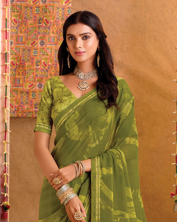 Vishal Prints Dark Olive Green Printed Georgette Saree With Fancy Border