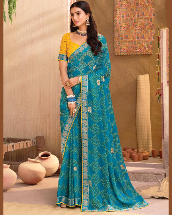 Vishal Prints Sky Blue Printed Chiffon Saree With Foil Print And Fancy Border