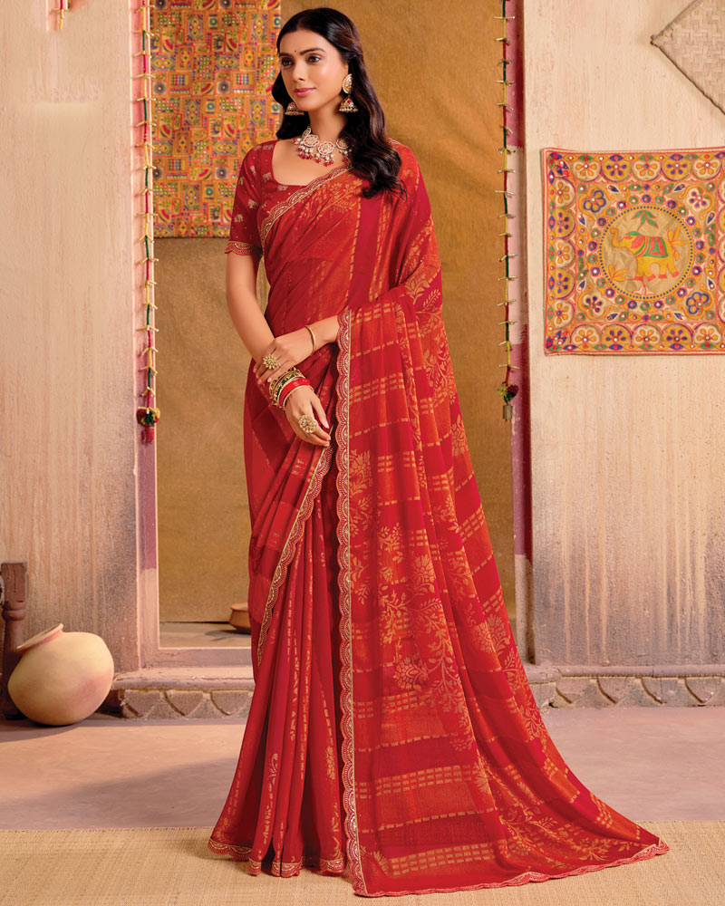 Vishal Prints Cherry Red Printed Brasso Saree With Fancy Cut Work Embroidery Border