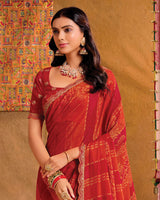 Vishal Prints Cherry Red Printed Brasso Saree With Fancy Cut Work Embroidery Border