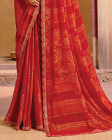 Vishal Prints Cherry Red Printed Brasso Saree With Fancy Cut Work Embroidery Border